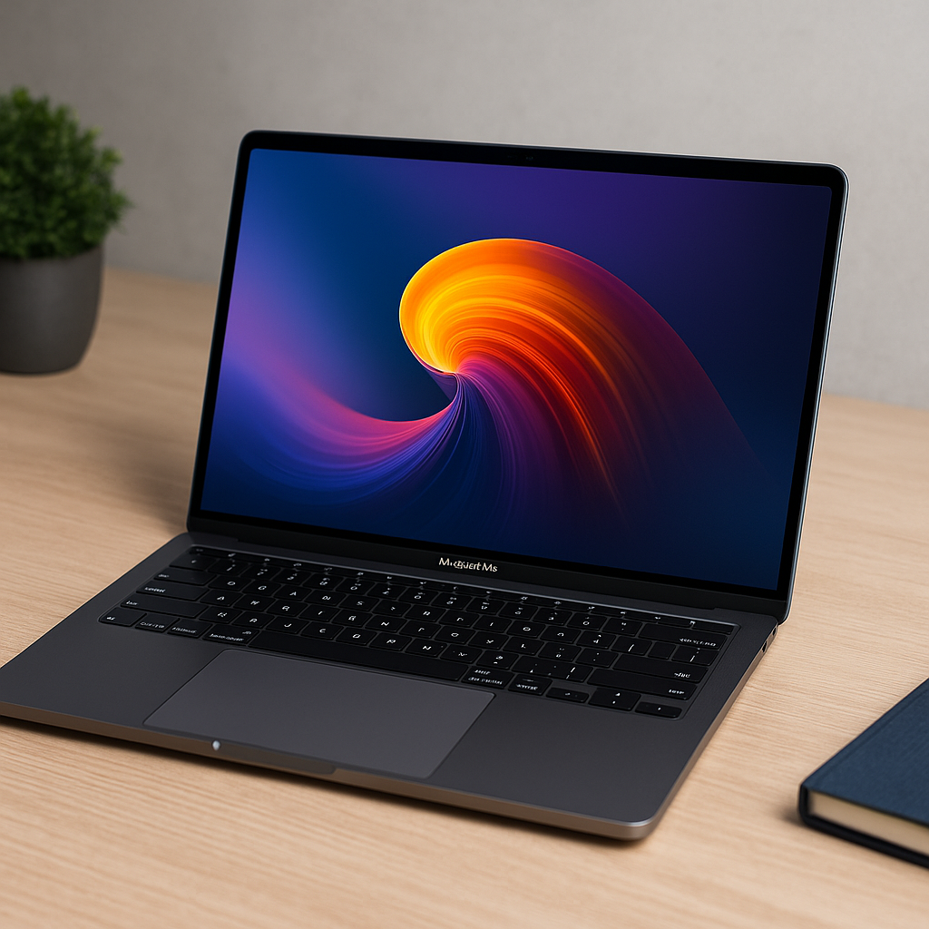 Foto realistis MacBook M5 2025 terbuka di atas meja kerja minimalis dengan layar menyala menampilkan wallpaper abstrak berwarna oranye dan biru, dikelilingi notebook dan tanaman hias kecil dalam pencahayaan alami yang lembut