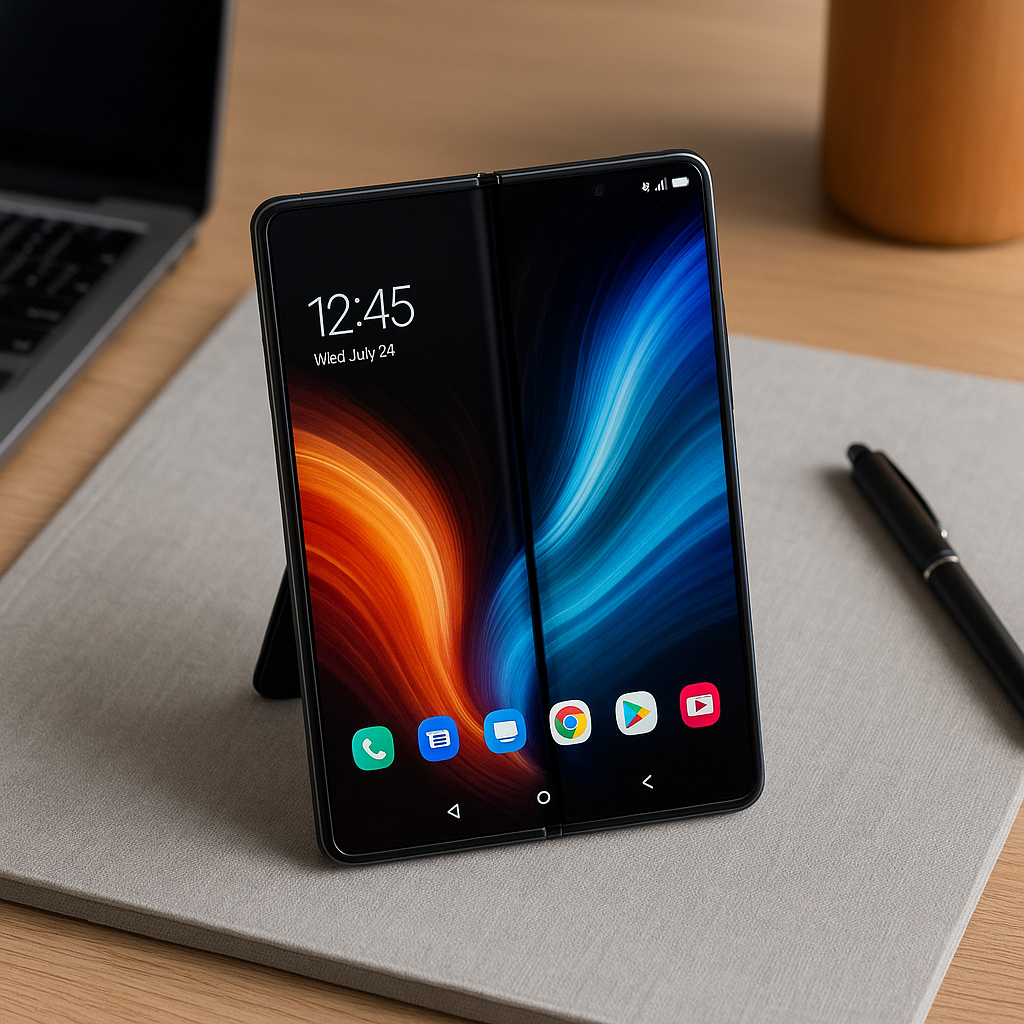 Foto modern Samsung Galaxy Z Fold 7 terbuka di atas meja kerja minimalis dengan layar cerah menampilkan tampilan multitasking, di sampingnya terdapat pena dan laptop dalam suasana elegan profesional.
