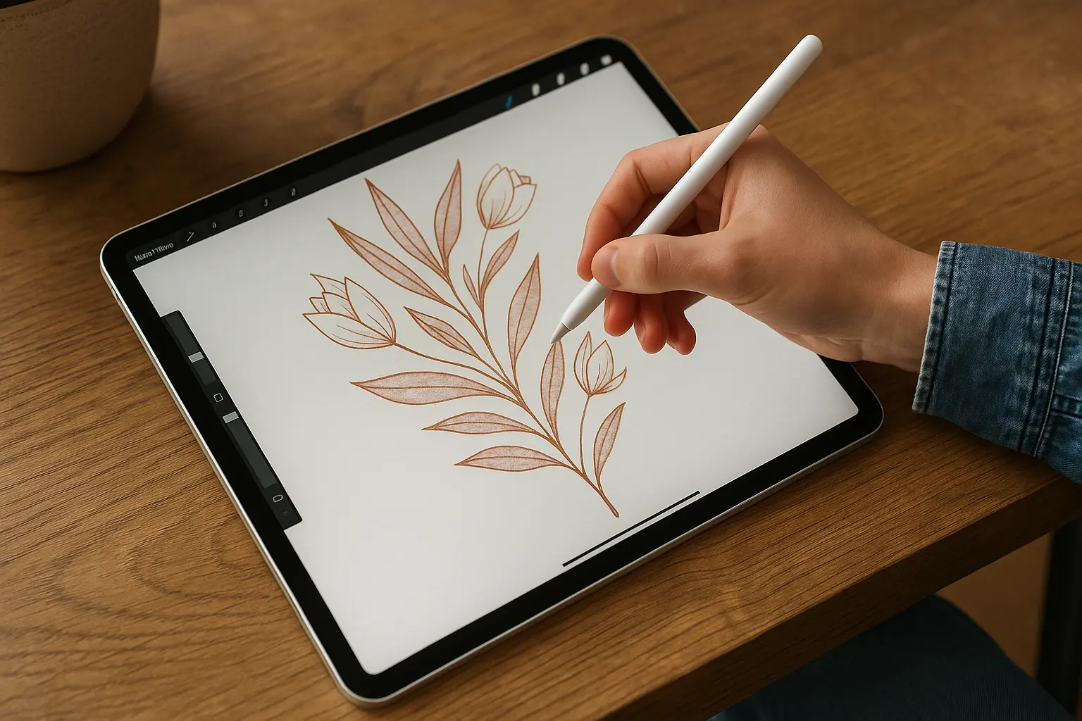 Tangan seseorang sedang menggambar ilustrasi bunga di iPad menggunakan Apple Pencil dengan aplikasi Procreate, menampilkan suasana kreatif di meja kerja kayu dengan pencahayaan alami yang lembut.