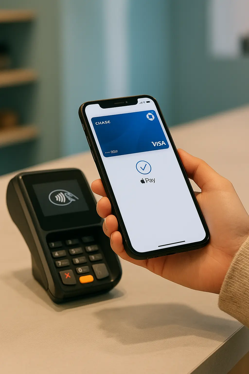 Seseorang menggunakan iPhone untuk melakukan pembayaran digital melalui Apple Wallet di kasir modern, menampilkan kartu virtual dan ikon Apple Pay dengan latar toko bergaya minimalis yang elegan.