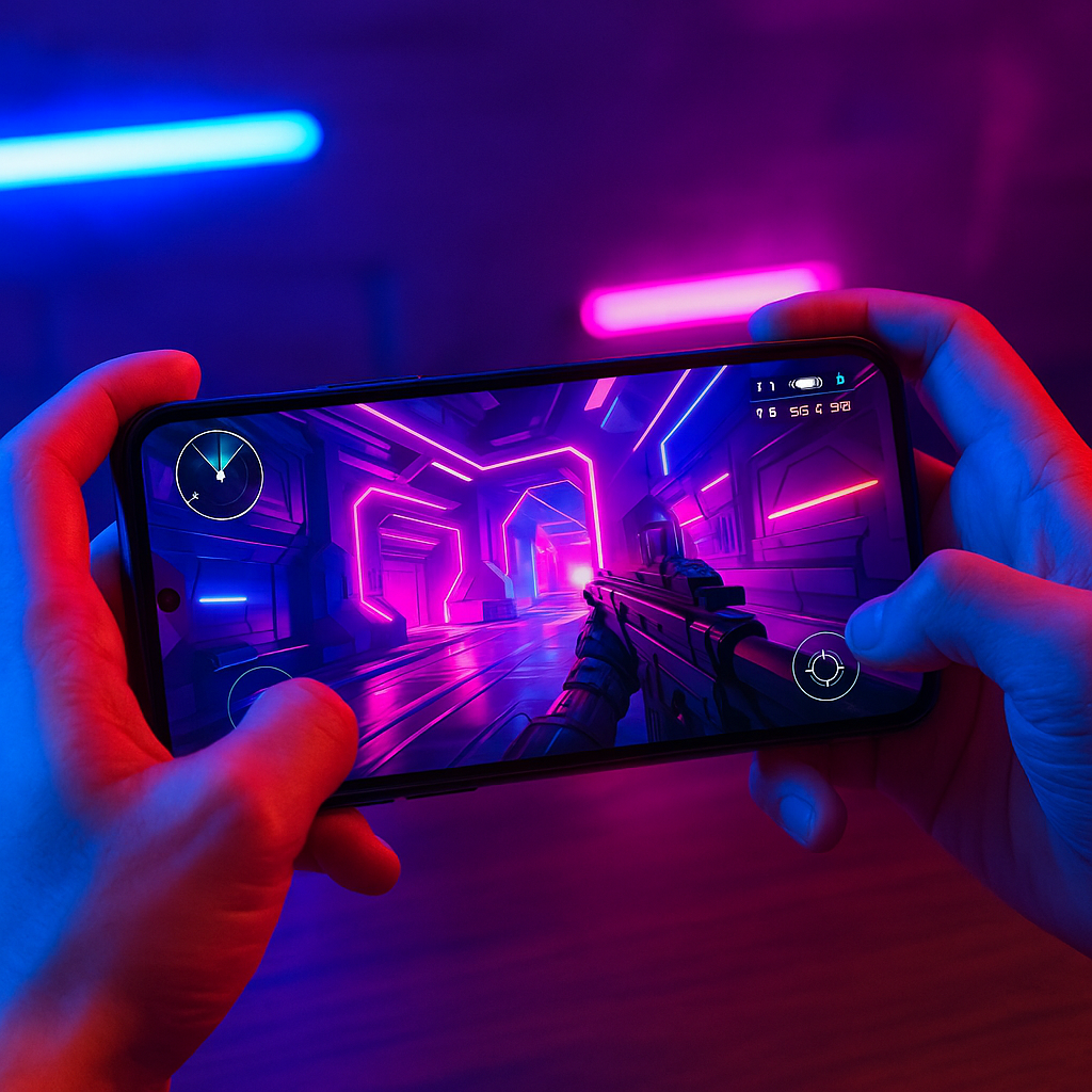 Seorang gamer memainkan game aksi 3D di smartphone Android dengan pencahayaan neon biru dan merah, menampilkan suasana futuristik khas e-sport room yang modern dan intens.
