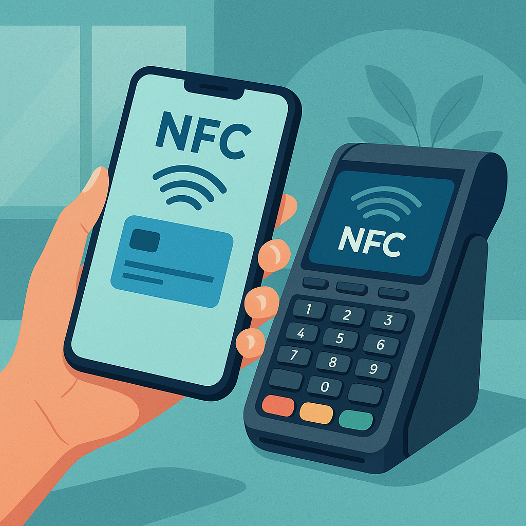 Ilustrasi seseorang menggunakan smartphone Android untuk melakukan pembayaran digital melalui mesin NFC di toko modern dengan nuansa biru lembut yang menggambarkan teknologi nirkabel praktis dan efisien.